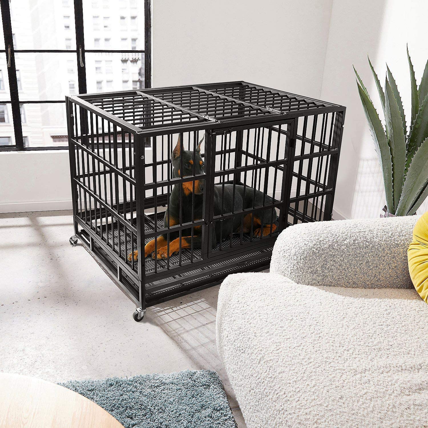 WOKEEN 48/38 Inch Heavy Duty Dog Crate Cage Kennel with Wheels, High Anxiety Indestructible Dog Crate, Sturdy Locks Design, Double Door and Removable Tray Design, Extra Large XL XXL Dog Crate.