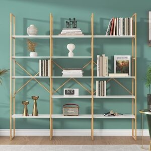 jehiatek gold bookshelf 5 tiers, geometric bookcase, 71"l x 71"h tall gold shelves etagere book case, sturdy metal frame, freestanding display shelving unit for home, office, library, white and gold