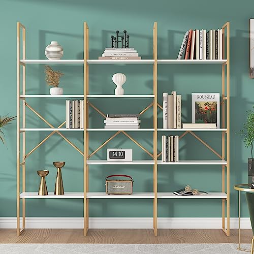 Jehiatek Gold Bookshelf 5 Tiers, Geometric Bookcase, 71"L x 71"H Tall Gold Shelves Etagere Book Case, Sturdy Metal Frame, Freestanding Display Shelving Unit for Home, Office, Library, White and Gold