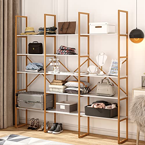 Jehiatek Gold Bookshelf 5 Tiers, Geometric Bookcase, 71"L x 71"H Tall Gold Shelves Etagere Book Case, Sturdy Metal Frame, Freestanding Display Shelving Unit for Home, Office, Library, White and Gold