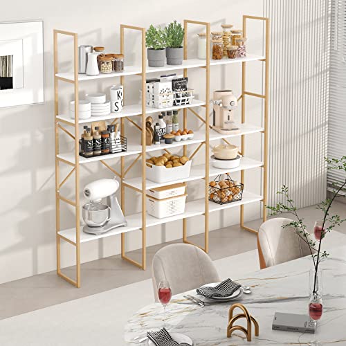 Jehiatek Gold Bookshelf 5 Tiers, Geometric Bookcase, 71"L x 71"H Tall Gold Shelves Etagere Book Case, Sturdy Metal Frame, Freestanding Display Shelving Unit for Home, Office, Library, White and Gold