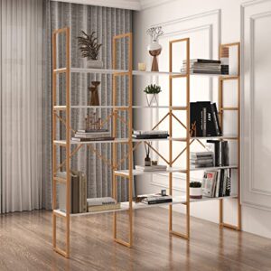 Jehiatek Gold Bookshelf 5 Tiers, Geometric Bookcase, 71"L x 71"H Tall Gold Shelves Etagere Book Case, Sturdy Metal Frame, Freestanding Display Shelving Unit for Home, Office, Library, White and Gold