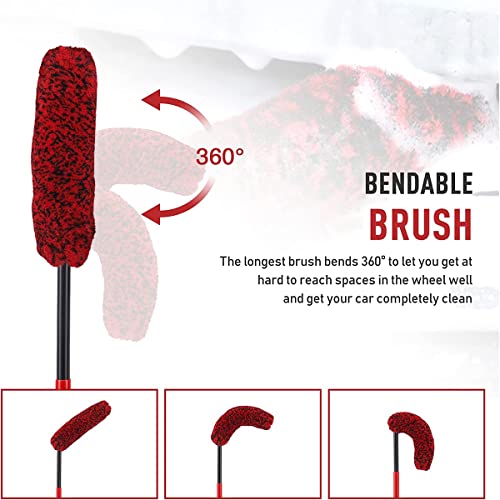 Siomiy Car Wheel Cleaning Brush, Extended Reach Wheel Brush with Long Handle Bendable Car Cleaner Brush Synthetic Wool Car Cleaning Duster for Cleaning Wheels, Rims, Exhaust Tips. (Red-L)