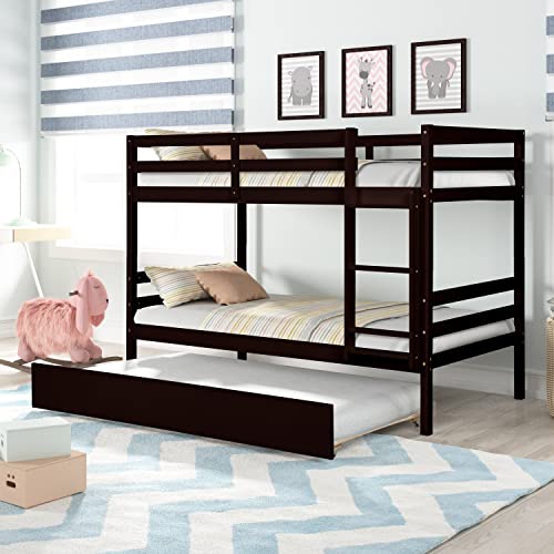 EMKK Twin Over Twin Bunkbed with Trundle,Detachable Bunk Bed with Trundle, Pine Wood Sturdy Frame, Ideal for Kids'Room Guest Bedroom,Gray