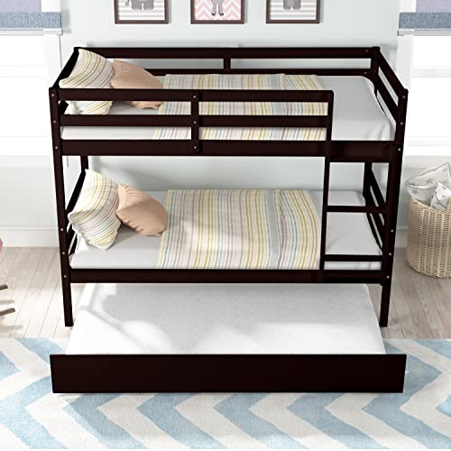 EMKK Twin Over Twin Bunkbed with Trundle,Detachable Bunk Bed with Trundle, Pine Wood Sturdy Frame, Ideal for Kids'Room Guest Bedroom,Gray