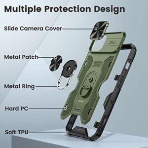 Caka for iPhone 14 Case, iPhone 13 Phone Case with Camera Cover & Kickstand, Built-in 360°Rotate Ring Stand with Camera Lens Protection Magnetic Magnet Phone Case for iPhone 13 & iPhone 14 -Green