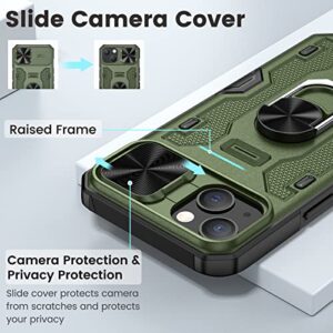 Caka for iPhone 14 Case, iPhone 13 Phone Case with Camera Cover & Kickstand, Built-in 360°Rotate Ring Stand with Camera Lens Protection Magnetic Magnet Phone Case for iPhone 13 & iPhone 14 -Green