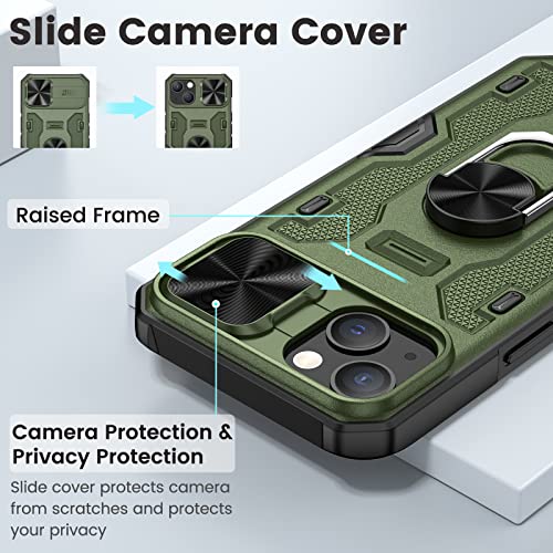Caka for iPhone 14 Case, iPhone 13 Phone Case with Camera Cover & Kickstand, Built-in 360°Rotate Ring Stand with Camera Lens Protection Magnetic Magnet Phone Case for iPhone 13 & iPhone 14 -Green
