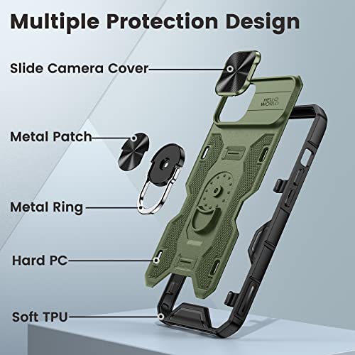 Caka for iPhone 14 Plus Case, Phone Case with Camera Cover & Kickstand, Built-in 360°Rotate Ring Stand Magnetic Magnet Protective Cover for iPhone 14 Plus -Green