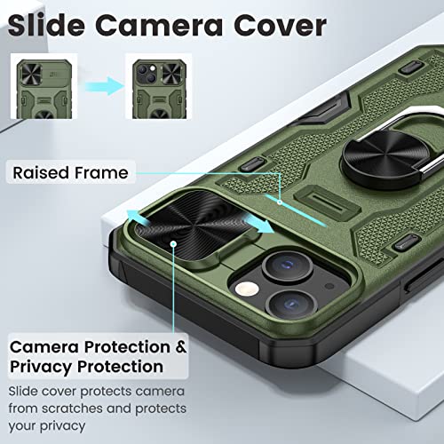 Caka for iPhone 14 Plus Case, Phone Case with Camera Cover & Kickstand, Built-in 360°Rotate Ring Stand Magnetic Magnet Protective Cover for iPhone 14 Plus -Green