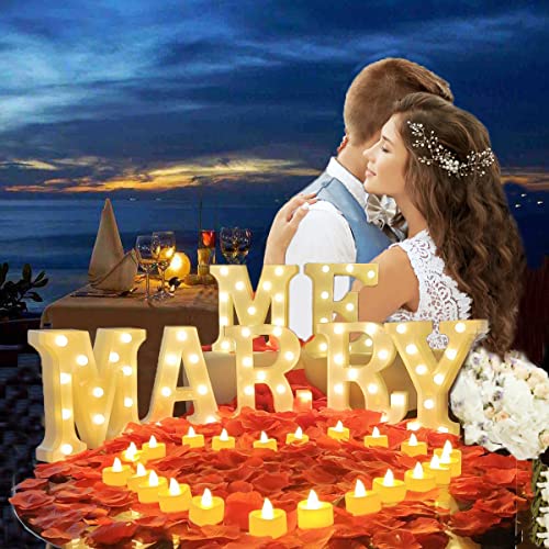 Marry Me Sign Proposal Decorations with 2000pcs Rose Petal and Candles LED Flameless Tealight Fake Candles and Red Rose Petals for Romantic Night Marry Me Lights Weddings