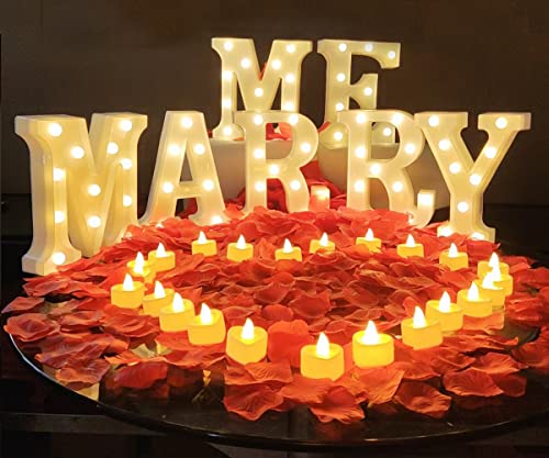 Marry Me Sign Proposal Decorations with 2000pcs Rose Petal and Candles LED Flameless Tealight Fake Candles and Red Rose Petals for Romantic Night Marry Me Lights Weddings