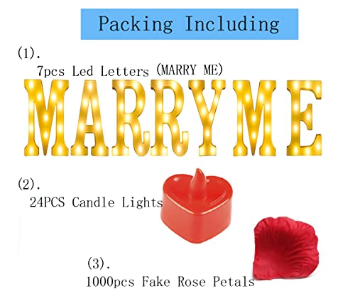 Marry Me Sign Proposal Decorations with 2000pcs Rose Petal and Candles LED Flameless Tealight Fake Candles and Red Rose Petals for Romantic Night Marry Me Lights Weddings