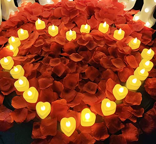 Marry Me Sign Proposal Decorations with 2000pcs Rose Petal and Candles LED Flameless Tealight Fake Candles and Red Rose Petals for Romantic Night Marry Me Lights Weddings