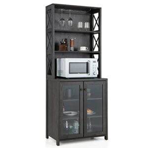 Giantex Kitchen Pantry, 67.5" Buffet Hutch Cabinet, 2 Door Sideboard, Coffee Bar Cabinet w/Glass Holder, Adjustable Shelves, Anti-toppling, Farmhouse Freestanding Wood Microwave Stand, Gray