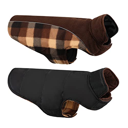 Queenmore Warm Dog Jacket, Reversible Dog Winter Coat, Reflective Windproof Waterproof Dog Clothes for Winter, Plaid Dog Coats for Small Medium Large Dogs Boy Girl Dogs, Brown, XS