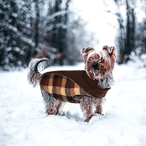 Queenmore Warm Dog Jacket, Reversible Dog Winter Coat, Reflective Windproof Waterproof Dog Clothes for Winter, Plaid Dog Coats for Small Medium Large Dogs Boy Girl Dogs, Brown, XS