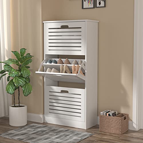 3 Flip Drawers Shoe Cabinet, 3-Tier White Freestanding Storage Shoe Rack with Adjustale Shelves and Flip-up Drawer for Entryway, Closet and Small Space