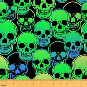 sugar skull fabric by the yard, gothtic skull halloween upholstery fabric, horror skeleton decorative fabric, spooky night indoor outdoor fabric, diy art waterproof fabric, green blue, 3 yards