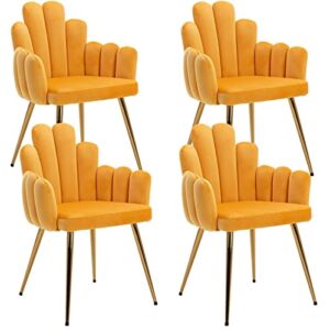 hny velvet accent chair set of 4, finger shape upholstered arm chair, mid century modern living room dining makeup vanity chairs, with gold metal legs, yellow