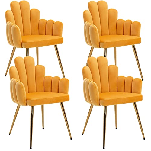 HNY Velvet Accent Chair Set of 4, Finger Shape Upholstered Arm Chair, Mid Century Modern Living Room Dining Makeup Vanity Chairs, with Gold Metal Legs, Yellow