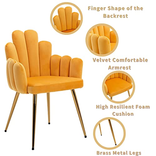 HNY Velvet Accent Chair Set of 4, Finger Shape Upholstered Arm Chair, Mid Century Modern Living Room Dining Makeup Vanity Chairs, with Gold Metal Legs, Yellow