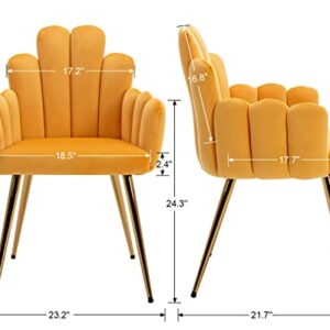 HNY Velvet Accent Chair Set of 4, Finger Shape Upholstered Arm Chair, Mid Century Modern Living Room Dining Makeup Vanity Chairs, with Gold Metal Legs, Yellow