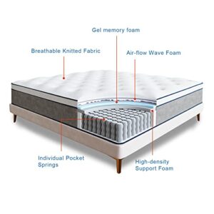 Rimensy Queen Mattress,14 Inch Hybrid Mattress in a Box,Gel Memory Foam Mattress,Individually Wrapped Pocket Coils Innerspring Mattress for Motion Isolation,Medium Firm,Queen Size Mattress,60"*80"*14"