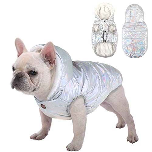 Dog Fleece Hoodie, Windproof Waterproof Dog Coat Fleece & Cotton Lined Warm Dog Jacket, Cold Weather Pet Apparel Clothes Vest for Small Medium Large Dog (S: Length 10.6", Chest 11.8"-15", Silver)