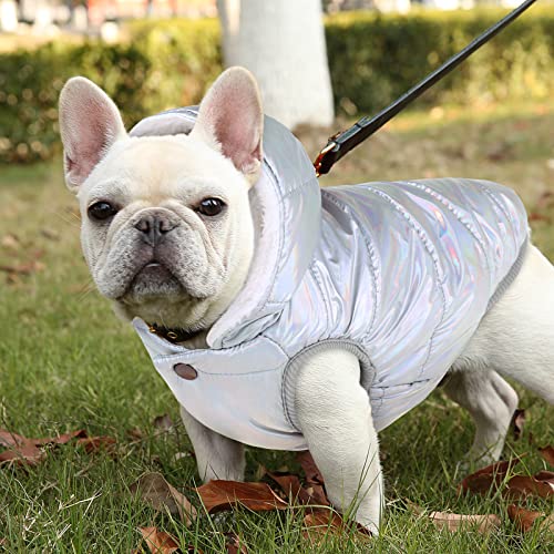 Dog Fleece Hoodie, Windproof Waterproof Dog Coat Fleece & Cotton Lined Warm Dog Jacket, Cold Weather Pet Apparel Clothes Vest for Small Medium Large Dog (S: Length 10.6", Chest 11.8"-15", Silver)