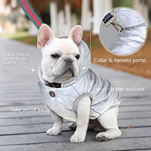 Dog Fleece Hoodie, Windproof Waterproof Dog Coat Fleece & Cotton Lined Warm Dog Jacket, Cold Weather Pet Apparel Clothes Vest for Small Medium Large Dog (S: Length 10.6", Chest 11.8"-15", Silver)