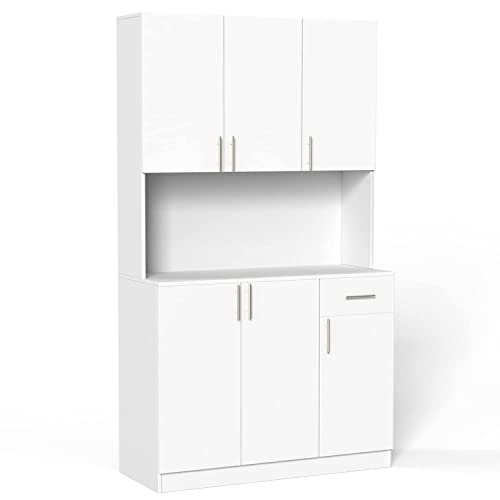 Kitchen Pantry Storage Cabinet 71” Pantry Large Kitchen White Freestanding Cabinet with 6 Doors and Drawer for Kitchen Dining Room, White