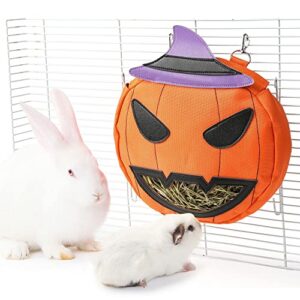 janyoo rabbit hay feeder halloween guinea pig accessories hay bag hanging rack for small animal chinchilla(pumpkin)