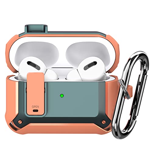 Upgraded Lock Airpod Pro Case Men Women, Shockproof Rugged Airpods Pro Protective Case with Keychain for AirPods Pro 2019 Charging Case (Green&Orange)