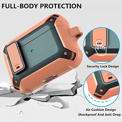 Upgraded Lock Airpod Pro Case Men Women, Shockproof Rugged Airpods Pro Protective Case with Keychain for AirPods Pro 2019 Charging Case (Green&Orange)