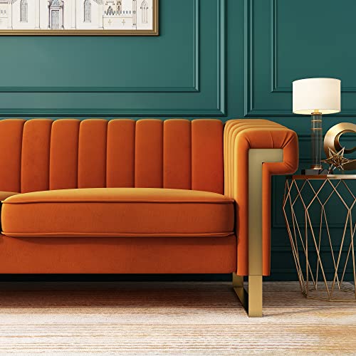 ANTTYBALE 83'' Orange Velvet Couch Sofa Mid-Century Modern Love Seat Chesterfield 3 Seat Couches Sofa for Living Room Apartment (Orange)