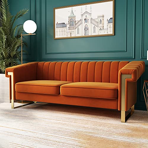 ANTTYBALE 83'' Orange Velvet Couch Sofa Mid-Century Modern Love Seat Chesterfield 3 Seat Couches Sofa for Living Room Apartment (Orange)