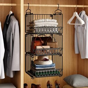 gillas 3 - tier closet hanging organizer, clothes hanging shelves with hooks, stackable storage bins foldable closet organizers for clothing, handbag, toys, black