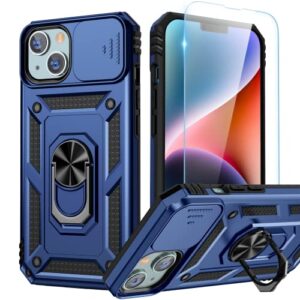 goton for iphone 14 plus case with screen protector - slide camera cover phone case with ring stand, heavy duty military grade shockproof rugged bumper for iphone 14 plus accessories blue