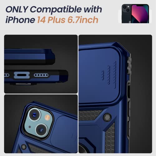 Goton for iPhone 14 Plus Case with Screen Protector - Slide Camera Cover Phone Case with Ring Stand, Heavy Duty Military Grade Shockproof Rugged Bumper for iPhone 14 Plus Accessories Blue