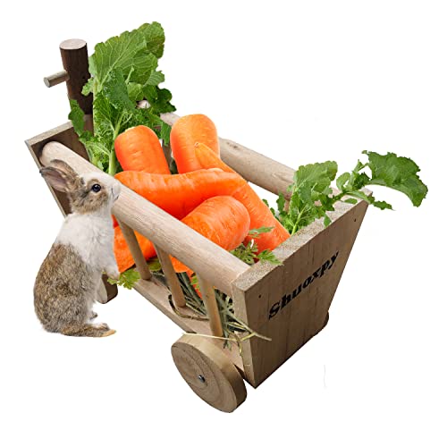 Shuoxpy Rabbit Hay Feeder Rack, Guinea Pig Wooden Carriage Hay Feeder, Chinchilla Alfalfa Timothy Hay Dispenser, Less Wasted Small Animals Hay Manger for Rabbits Guinea Pig Chinchilla