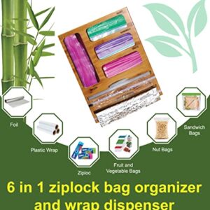 Plastic Wrap Dispenser with Cutter and Ziplock Bag organizer,6 IN 1 Bamboo Foil and Plastic Wrap Organizer for Kitchen Drawer & Wall Mount,Ziplock Bag Storage Organizer for Gallon,Quart,Sandwich,Snack