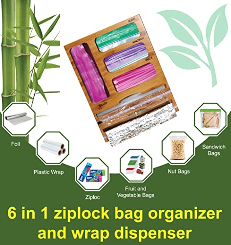 Plastic Wrap Dispenser with Cutter and Ziplock Bag organizer,6 IN 1 Bamboo Foil and Plastic Wrap Organizer for Kitchen Drawer & Wall Mount,Ziplock Bag Storage Organizer for Gallon,Quart,Sandwich,Snack