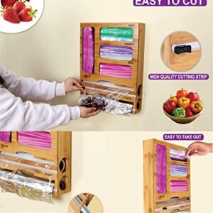 Plastic Wrap Dispenser with Cutter and Ziplock Bag organizer,6 IN 1 Bamboo Foil and Plastic Wrap Organizer for Kitchen Drawer & Wall Mount,Ziplock Bag Storage Organizer for Gallon,Quart,Sandwich,Snack