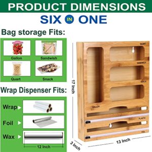 Plastic Wrap Dispenser with Cutter and Ziplock Bag organizer,6 IN 1 Bamboo Foil and Plastic Wrap Organizer for Kitchen Drawer & Wall Mount,Ziplock Bag Storage Organizer for Gallon,Quart,Sandwich,Snack