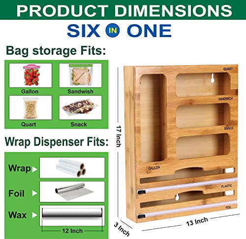 Plastic Wrap Dispenser with Cutter and Ziplock Bag organizer,6 IN 1 Bamboo Foil and Plastic Wrap Organizer for Kitchen Drawer & Wall Mount,Ziplock Bag Storage Organizer for Gallon,Quart,Sandwich,Snack