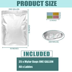 35 Pack 1 Gallon Mylar Bags for Food Storage with Labels(40pcs), Size 10''x15'' Mylar Bags 1 Gallon with Extra Thick 4.7 Mil Each Side, Heat Sealable Bags for long term food storage