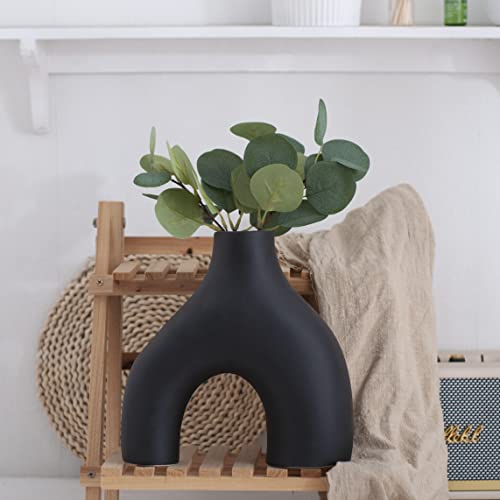 Black Vase for Home Decor, Ceramic Vases for Modern Farmhouse Decor Kitchen Decor Living Room Decor Coffee Table Decor Shelf Decor Rustic House Decor Bookshelf Decor Pampas Grass Flower Decor