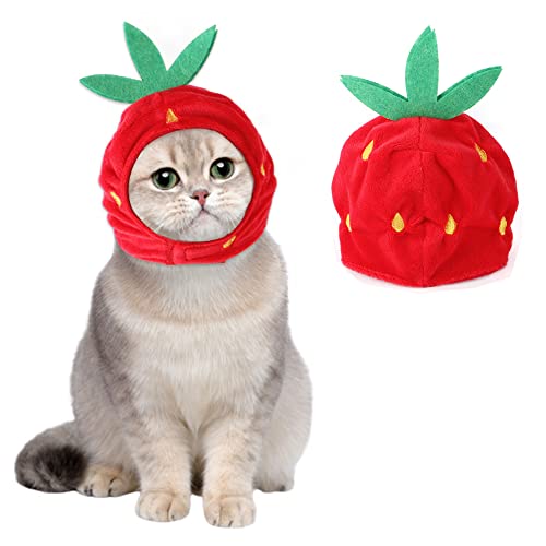 MQQYLBHDS XS Dog Halloween Costume Adjustable Cat Strawberry Hat Cute Pet Headgear Puppy Warm Cap Head Accessories for Small Dogs Kitten Rabbit (Strawberry)