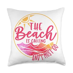 summer vacation beach is calling sunset the beach is calling and i must go funny summer vacation throw pillow, 18x18, multicolor